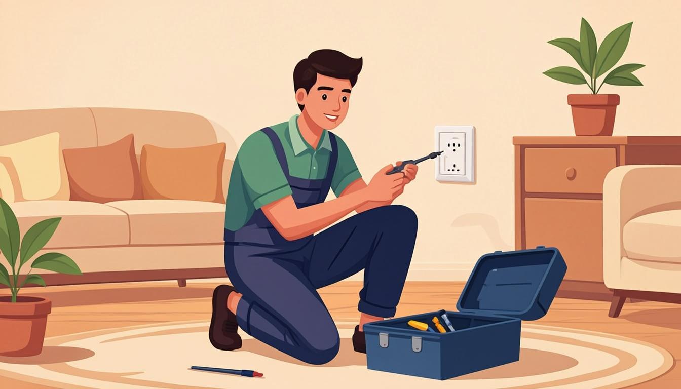 فني صيانة عامة يفحص مأخذ كهرباء بصندوق أدوات مفتوح