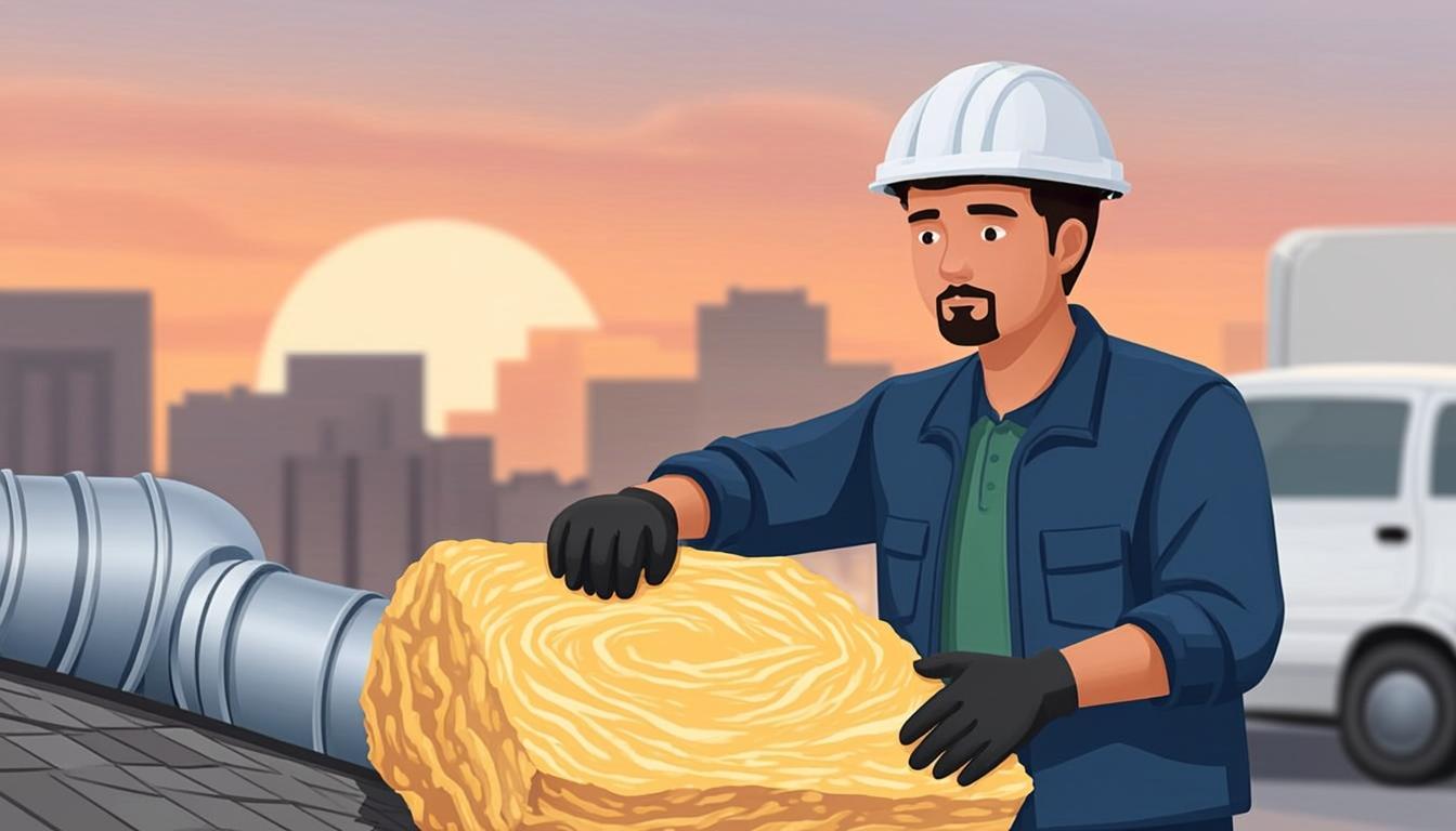 فني عزل يركب ألواح صوف زجاجي حول مجاري تكييف على السطح